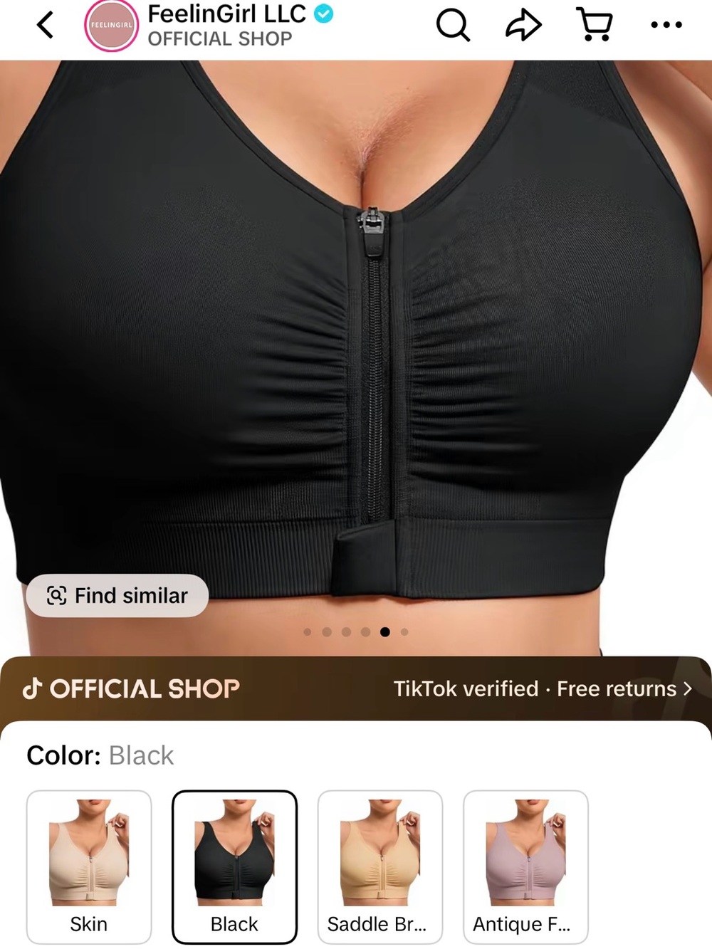 FeelinGirl Front-Zip Black Supportive Wireless Bra